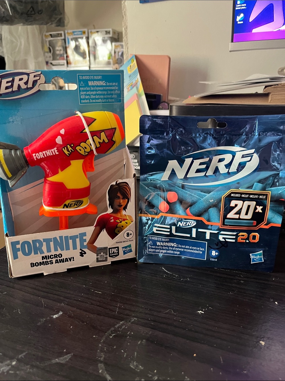 Nerf Fortnite Ka-Boom Micro Blaster in Red and Yellow with Blue Elite 2.0 Darts